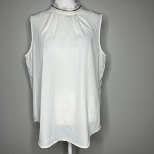 Ann Taylor Women's M White Sleeveless Blouse Beaded Embellished Mock-Neck Collar